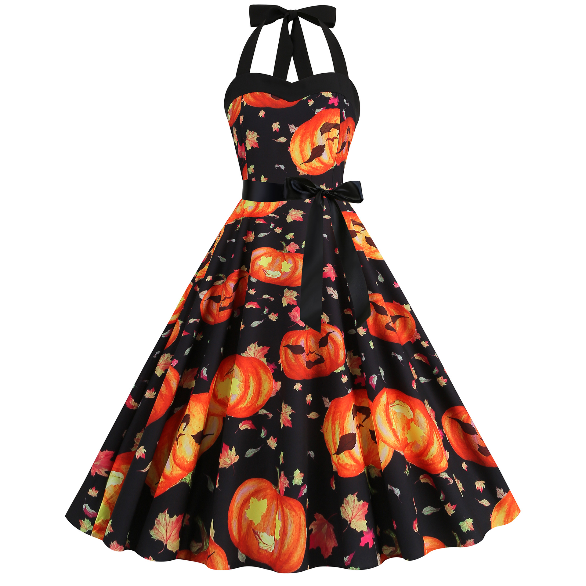 Women Sleeveless Halter Print Halloween Dresses Elegant Festival Party Costumes